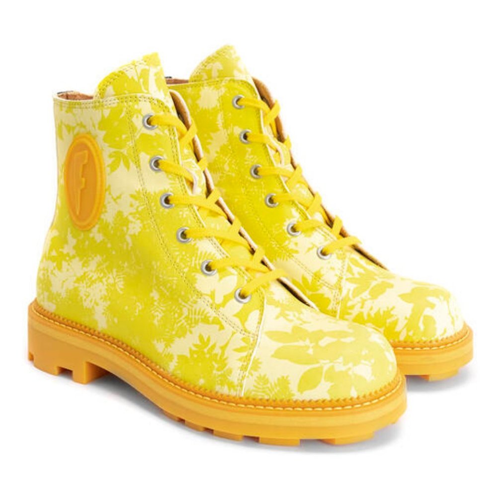 JOHN FLUEVOG - HESS BOOTS in YELLOW FLORAL. Excellent condition